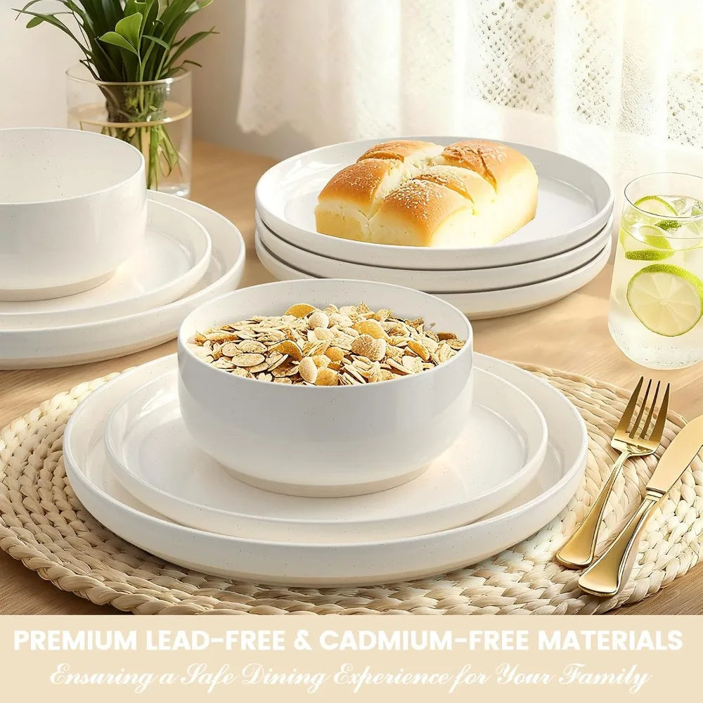 12-Piece Cream White Dinnerware Set for 4, Ceramic Plates & Bowls, Microwave & Dishwasher Safe