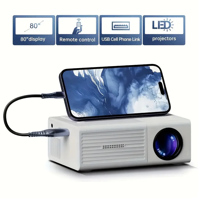 Portable Projector, Supports 1080P, USB Connection, Remote Control - Compatible With Smartphones, Tablets, Laptops, TV Sticks