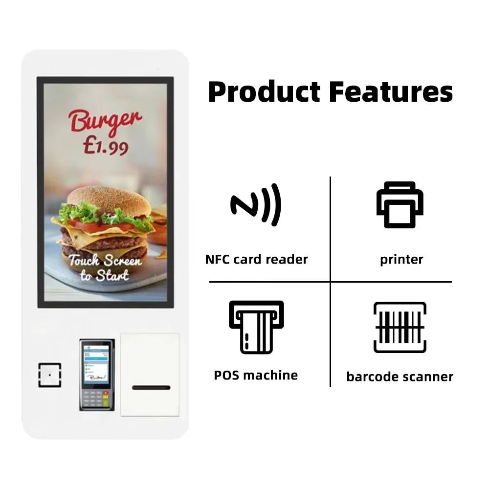 21.5 Inch Touch Screen Wall Mounted Kiosk for Indoor Use Payment Self Ordering Interactive Printer Fast Food Restaurant SDK