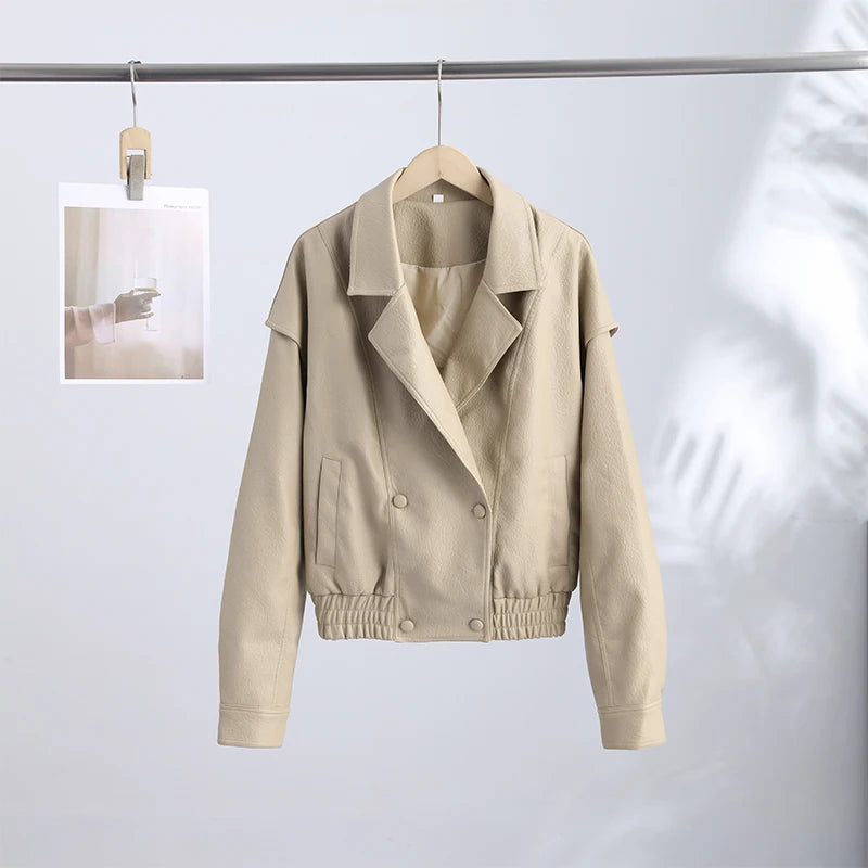 High Street Leather Jackets Women's Casual Double-breasted Turn Down Collar Loose Coats Elastic Waist 2026 Autumn New Outwear