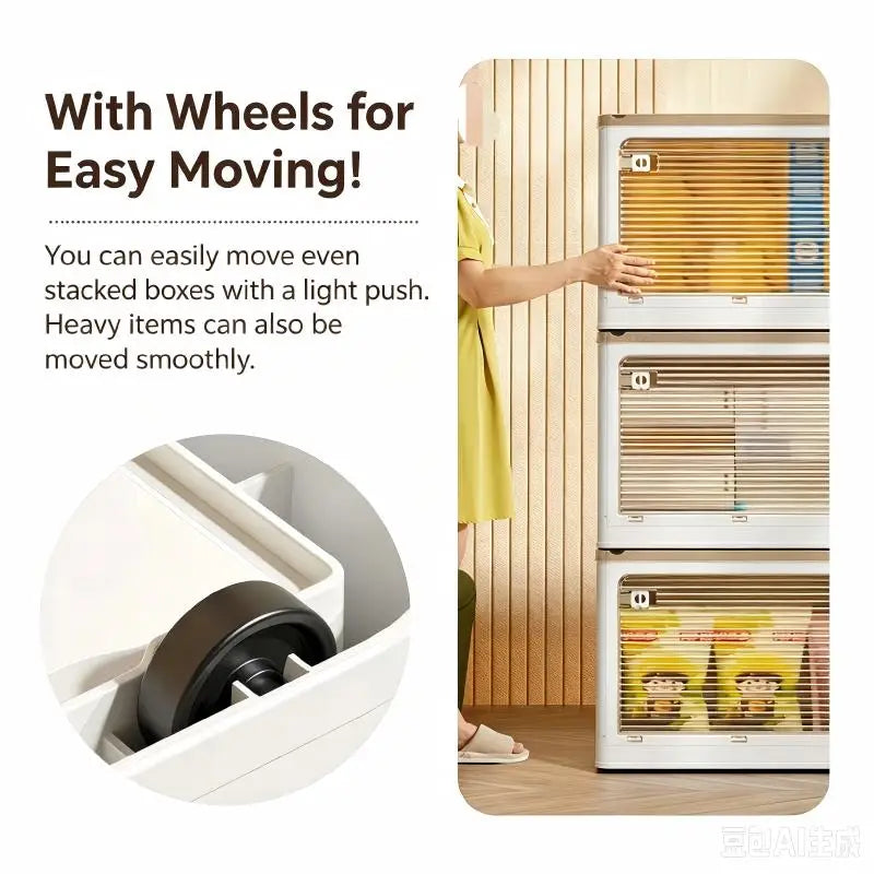 Plastic Storage Box with Lid, Foldable with Wheels, Five-Opening Door, Stackable, Used for Organizing Clothes, Snacks, and Camping, White and Light Yellow