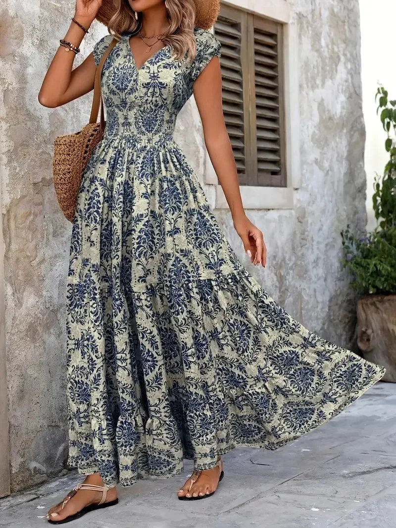 Women's Summer Retro Fashion Floral Printed Sexy V-neck Short Sleeve High Waist Medium Length Bohemian Loose Holidays Dresses