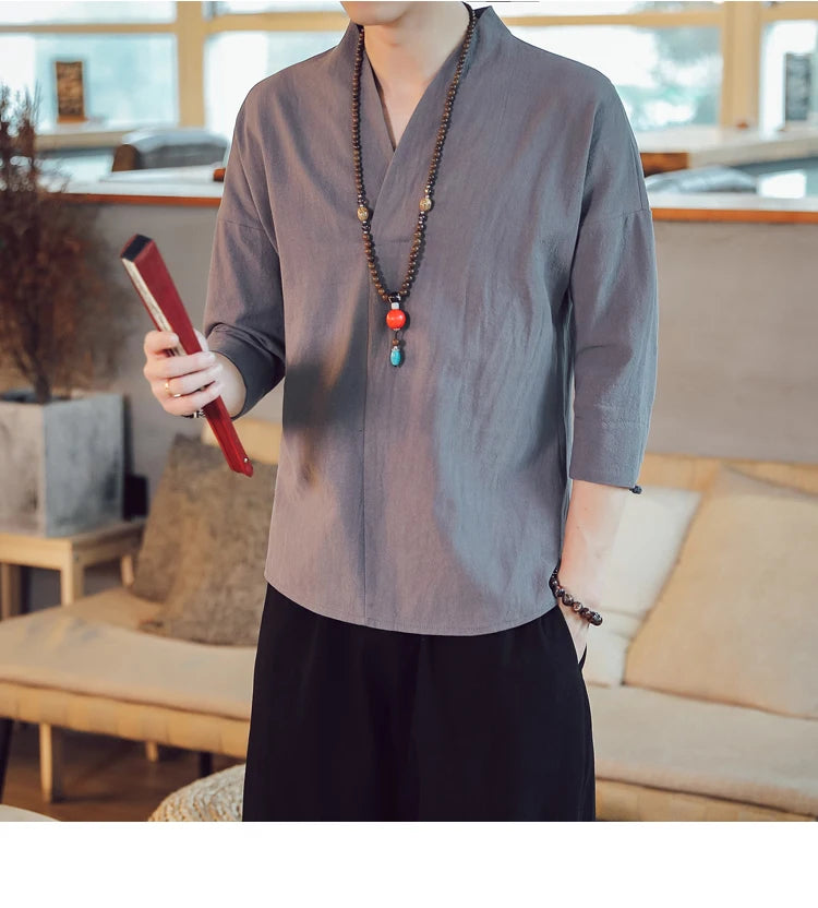 Summer Kimono Japanese Style Short Sleeve Men New Half-sleeved Cotton Linen Breathable Men Clothing T-shirt Japanese Yukata Tops