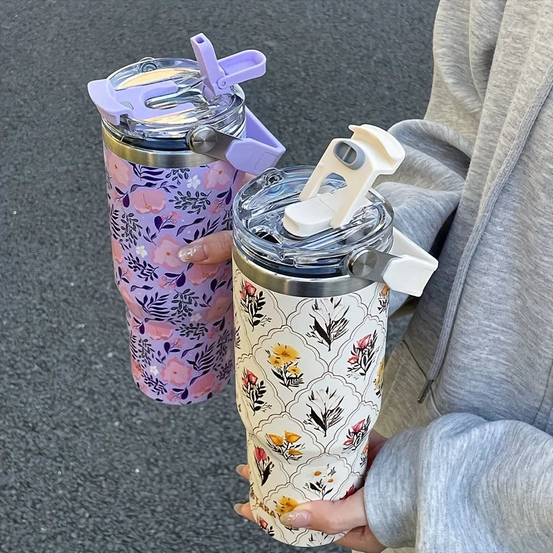 1pc Lightweight Luxury Floral Stainless Steel Thermos Flask 900ML Large Capacity Outdoor Water Bottle with Straw and Handle