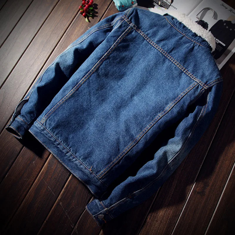 Winter Men's Denim Jacket 6XL Oversized Fur Coat Warm Thicken Highstreet Casual Cowboy Jacket Men Clothing Overcoat
