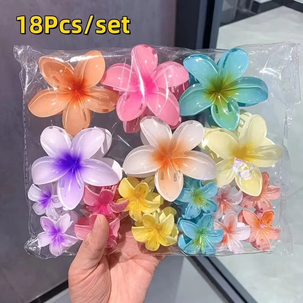 3Pcs/Set Women's Gradient Shark Hair Claw Clips Plumeria Flower Ponytail Barrettes Hawaiian Style Hairpins for Girls