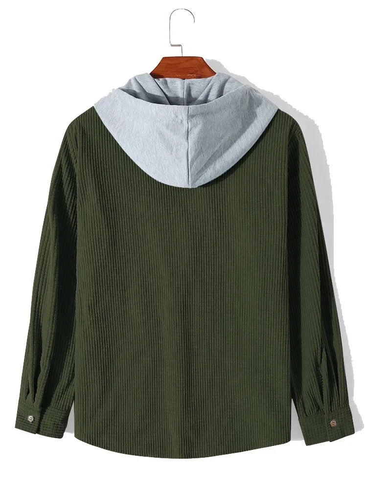 Spring Autumn Patchwork Thick Hooded Shirt Men Waffle Long sleeved Hoodie Fashion Casual Loose Sweatshirt Tops Oversized Shirts