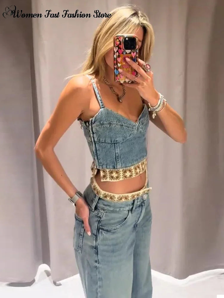 Crochet Splicing Cropped Top Jeans Set 2026 Summer New Ladies Sexy Backless Tank Top Straight Leg Denim Pants Women's Outfits