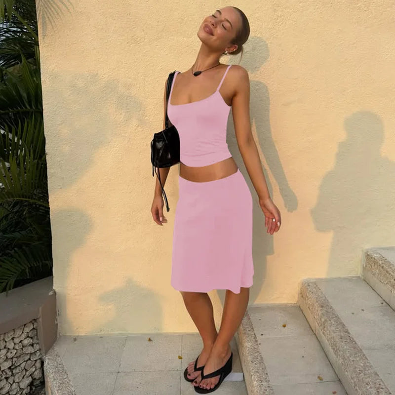 Hugcitar Casual 2 Piece Sets Solid Slips Backless Sexy Crop Camis Top Midi Skirt Women Summer Outfits Party Holiday Club