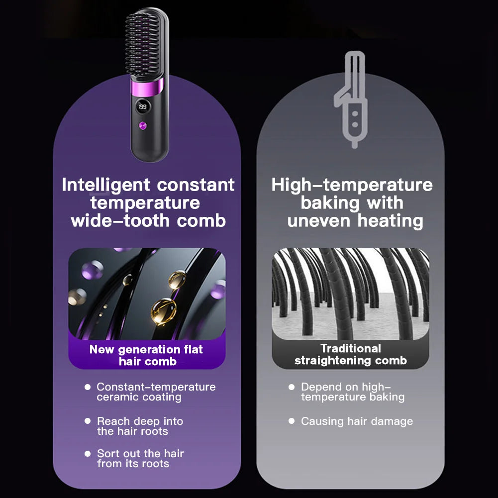 1Pc USB Charging Portable Hair Straightener Brush, Cordless Straightening Comb LED Display & Ceramic Coating, Ionic Technology