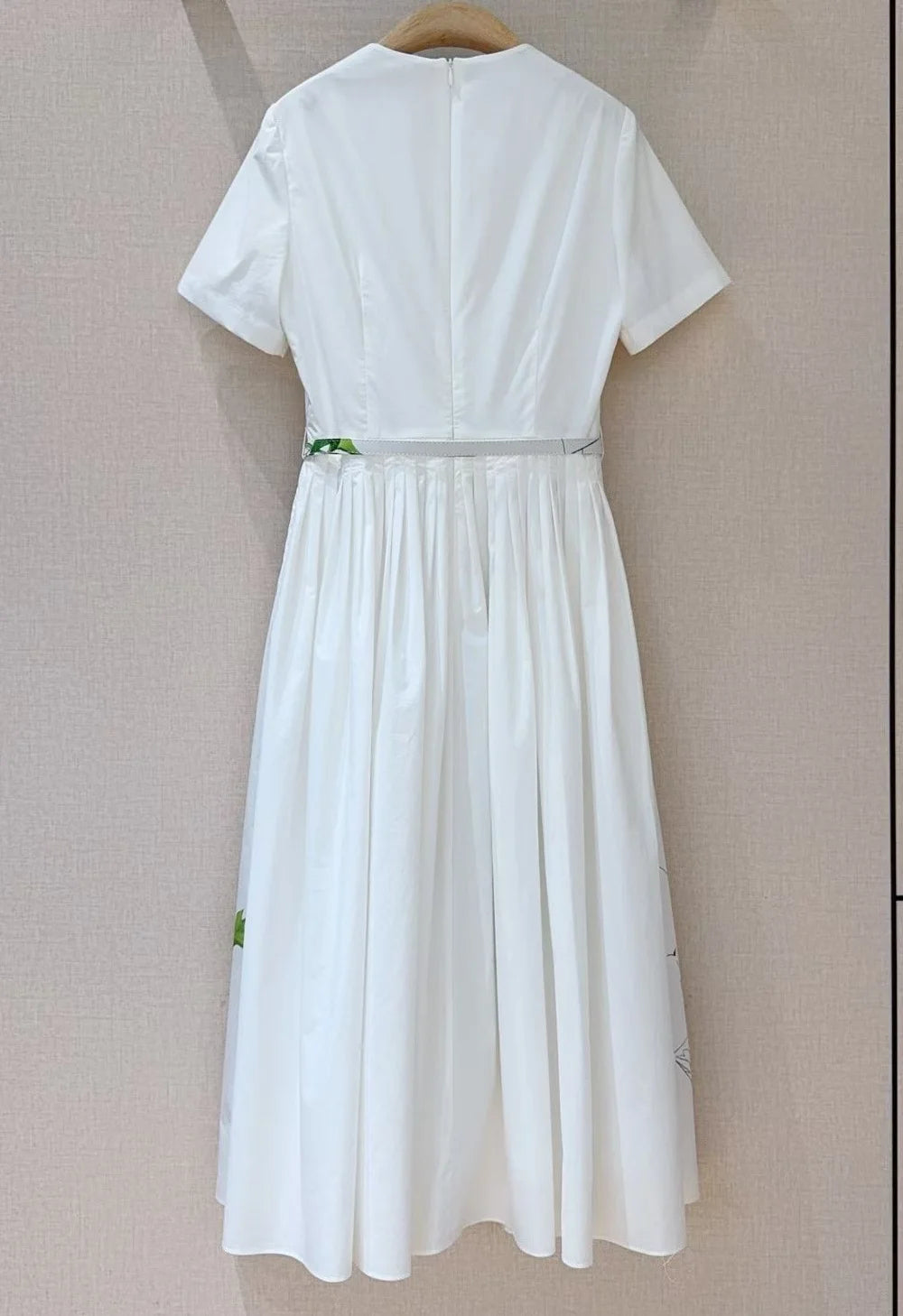 Top Quality New 2026 Spring Summer Dress Women Green Leaves Floral Print Pocket Patchwork Short Sleeve Mid-Calf White Dress