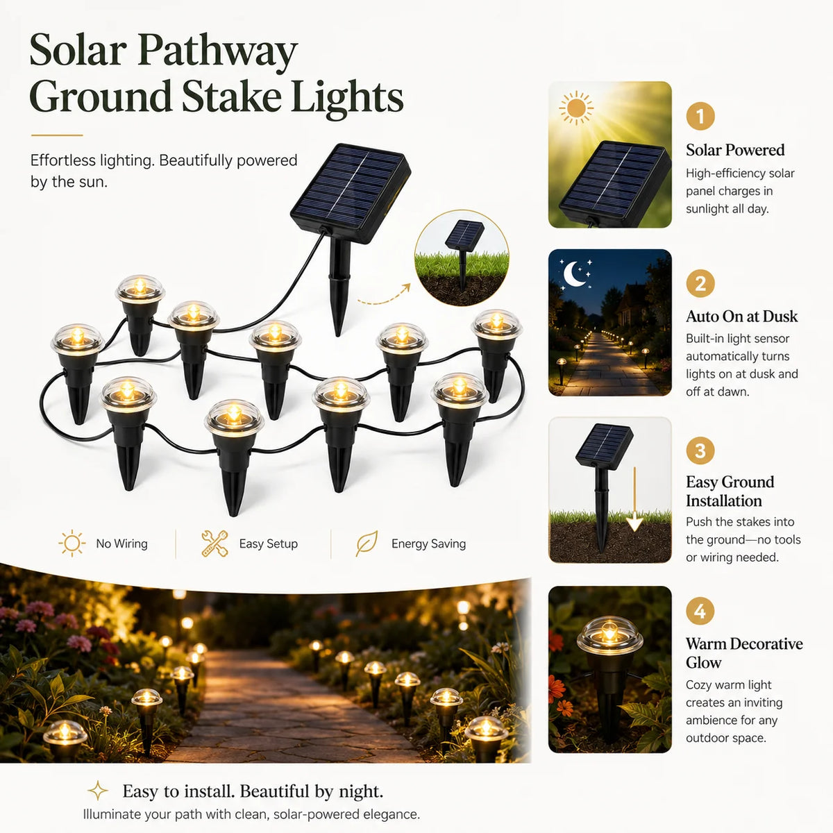 Solar Powered Ground Stake Pathway Lights Warm Glow Garden Walkway Lawn Yard Patio Landscape Decorative Lights