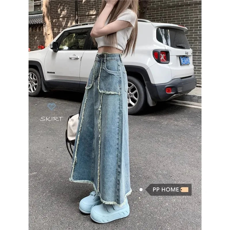 Women's Tassel Denim Long Skirts, Vintage Pocket, A-line Jeans Skirt, High Waist, Women's Fashion, Spring, S-5XL