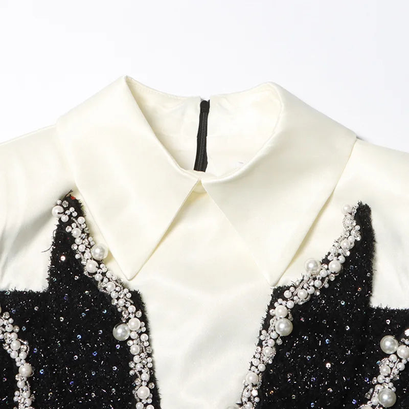 2025 Dress Women Female Clothing Fashion Summer New Sequined Contrast Color Heavy Beading Slim Fit Long Sleeve A-line Dress