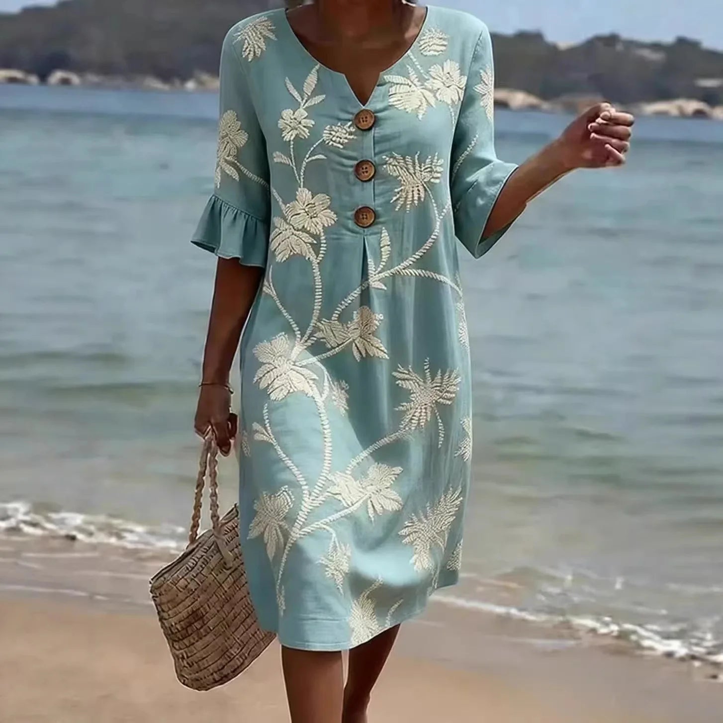 Mom Casual Dresses V Neck Elegant Retro Printed Medium Sleeved Dress Summer Fashion Streetwear Maxi Vestidos For Daily Fit