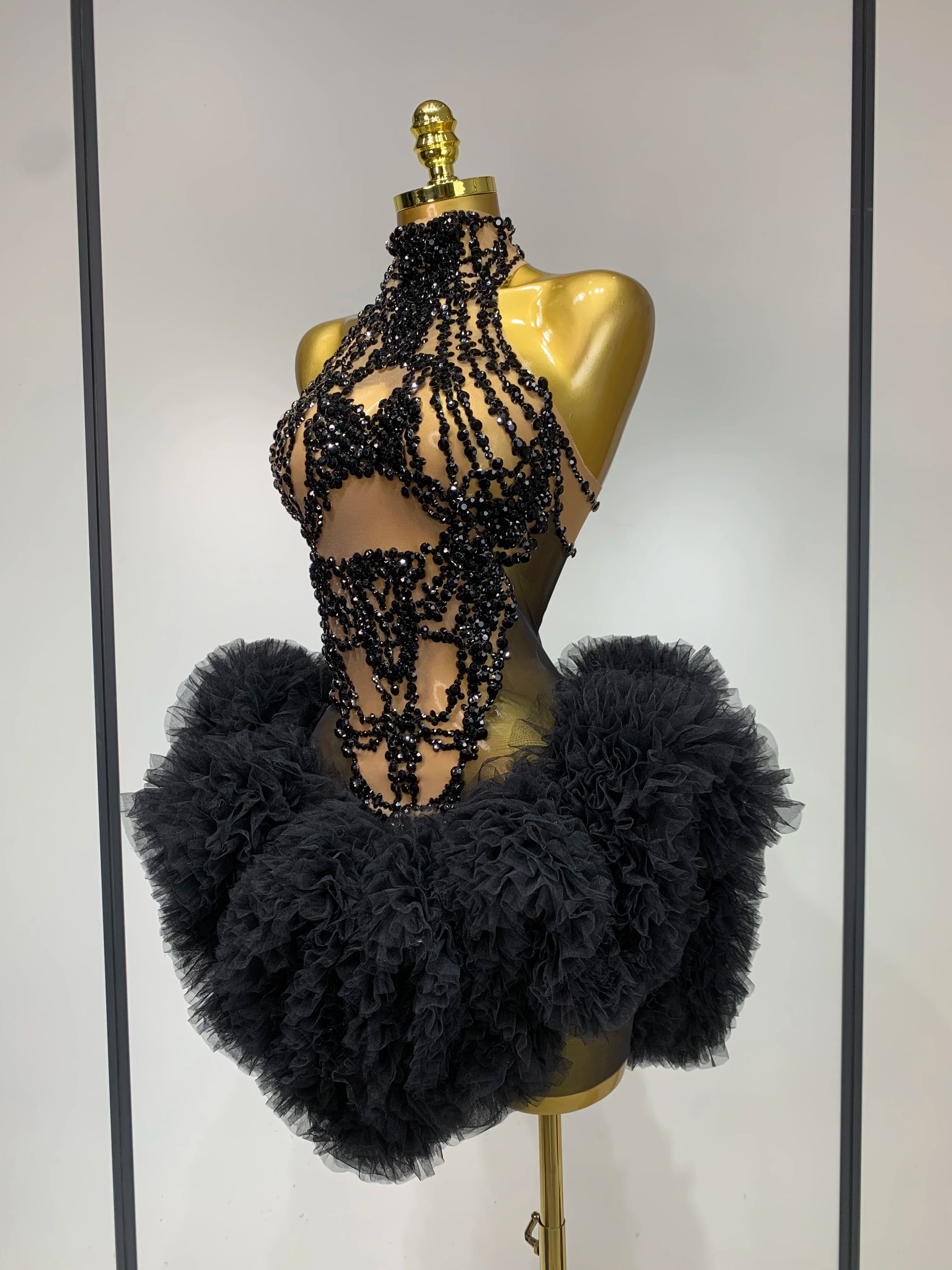 Luxury Women Sexy Sparkly Rhinestone Sleeveless Mesh See Through Bodycon Mini Birthday Dress Evening Party Performance Costume