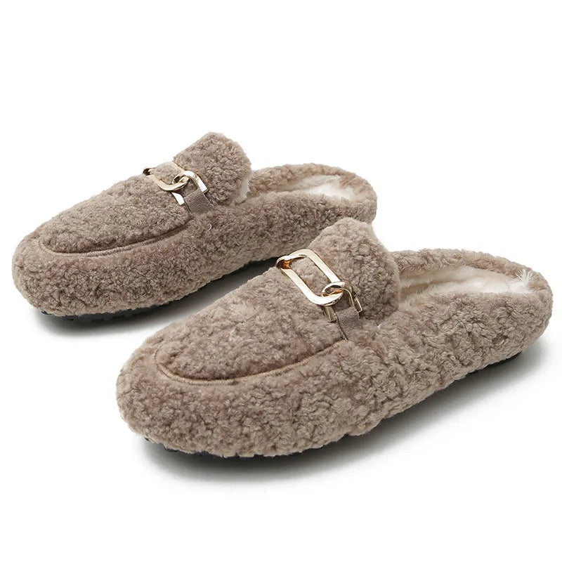 Winter Warm Plush Mules Women One Band Fur Slippers Cozy Cotton Shoes Woman Flats Cover Toe Fleeces Slides Femme Wool Pantuflas