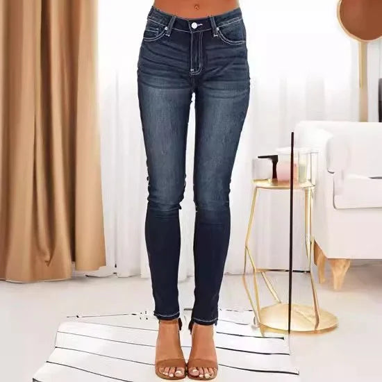 Women's Fashionable Elegant Casual Versatile Washed Cat's Whisker Pattern Skinny Fit Denim Jeans for Daily Wear