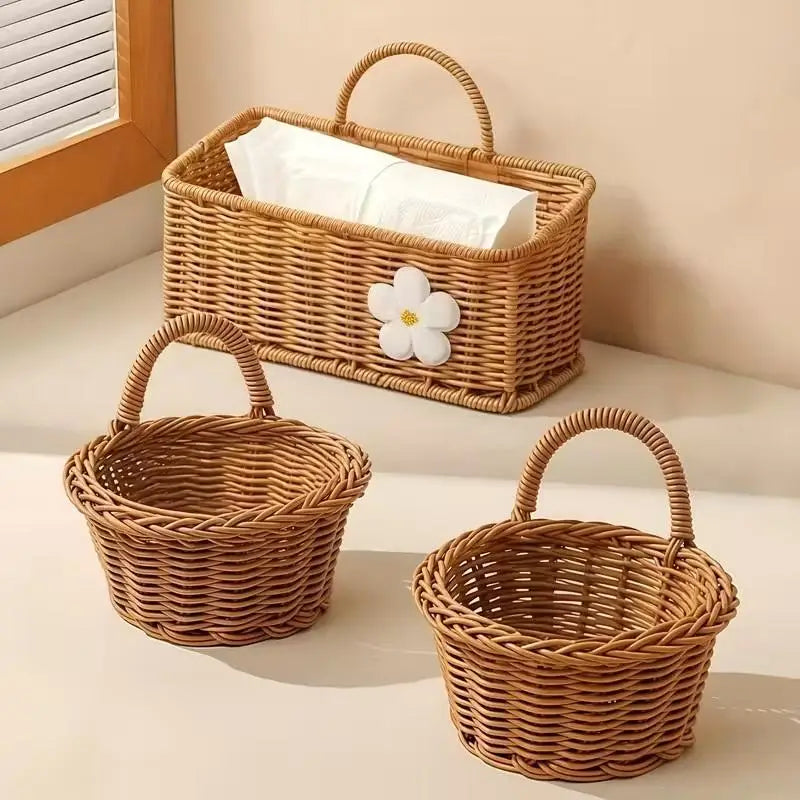 Kitchen Storage Basket With Handle Cute Wall Hanging Woven Basket Kawaii Hanging Storage Basket Kitchen Sundries Organizer