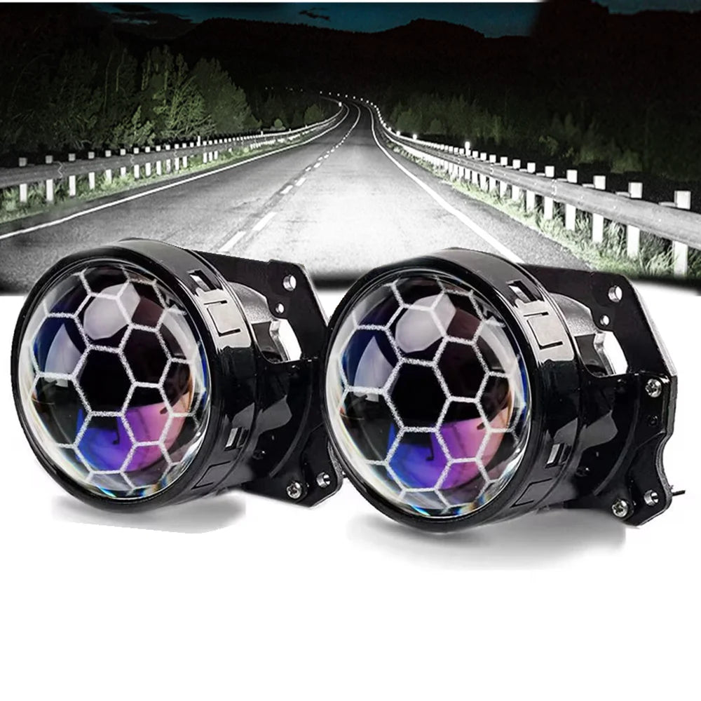 120W 2PCS 3.0 Inch Blue Honeycomb Bi LED Projector Lens Retrofit H1 H4 H7 H11 Universal Car Headlamp Retrofit Styling 6000K