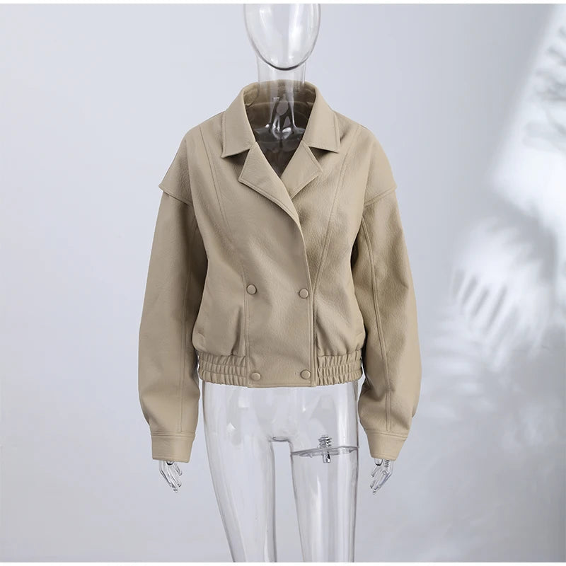 High Street Leather Jackets Women's Casual Double-breasted Turn Down Collar Loose Coats Elastic Waist 2026 Autumn New Outwear