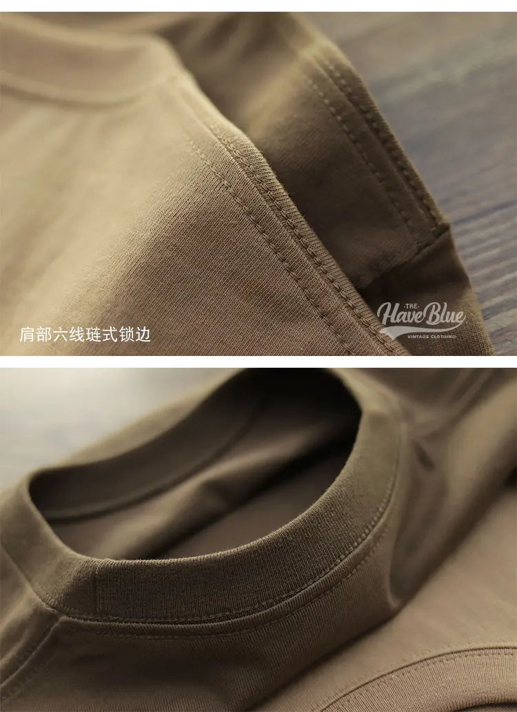Have Blue Pure Cotton Base Shirt Solid Color T-Shirt American Retro Round Neck Short Sleeve Heavyweight T-Shirt for Men