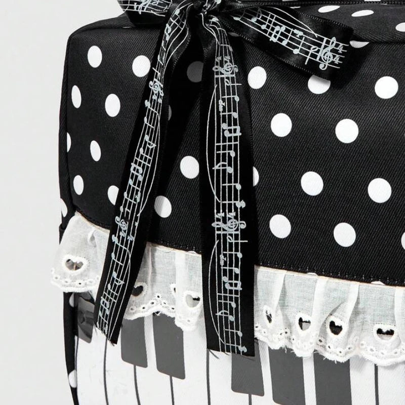 Polka Dot Piano Key Lace Ribbon Shoulder Bag,Contrast Color Patchwork Large Women Bowling Tote Bag,Y2k Girls Wave Point Handbag