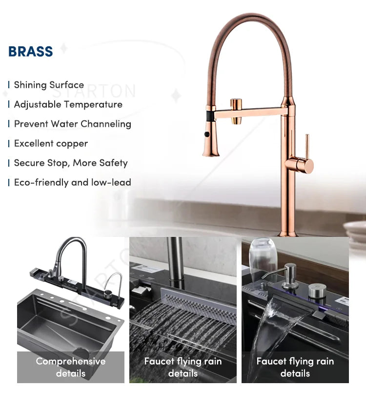 Digital Display Brass Pull Out Waterfall Faucet Nano Black Multifunctional Kitchen Sink With Digital Display and Light