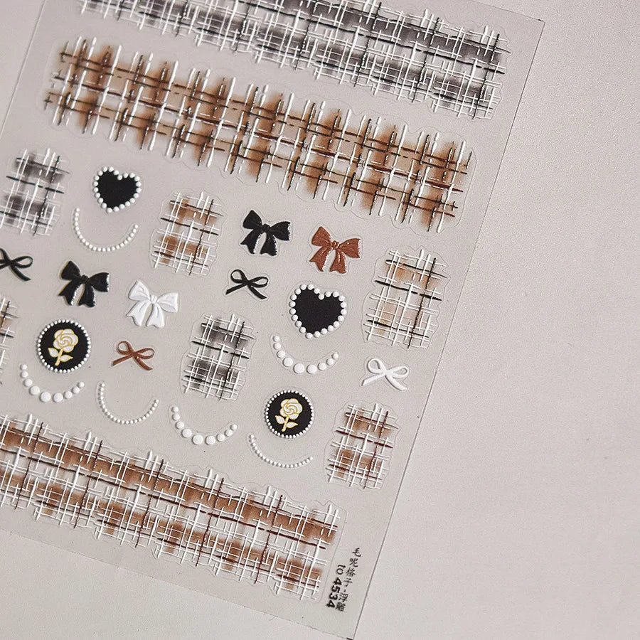 5D Black White Lace Striped Nail Art Stickers Luxury Crystal Diamond Nail Stickers High Quality Pearl Autumn Winter Nails Decals