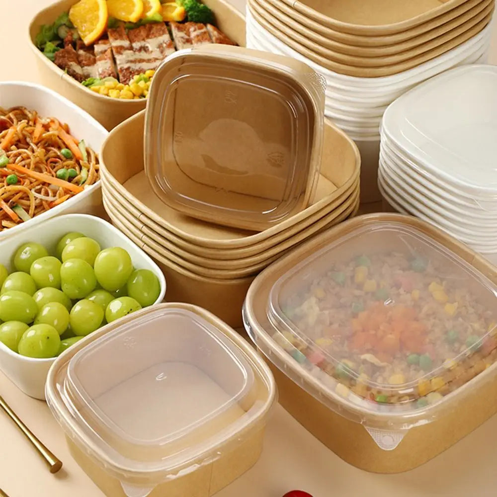 10pcs/set Disposable Lunch Box Kraft Paper Square Lunch Box Fast Food Packing Boxes Paper Bowls With Lid Household Bento Boxes