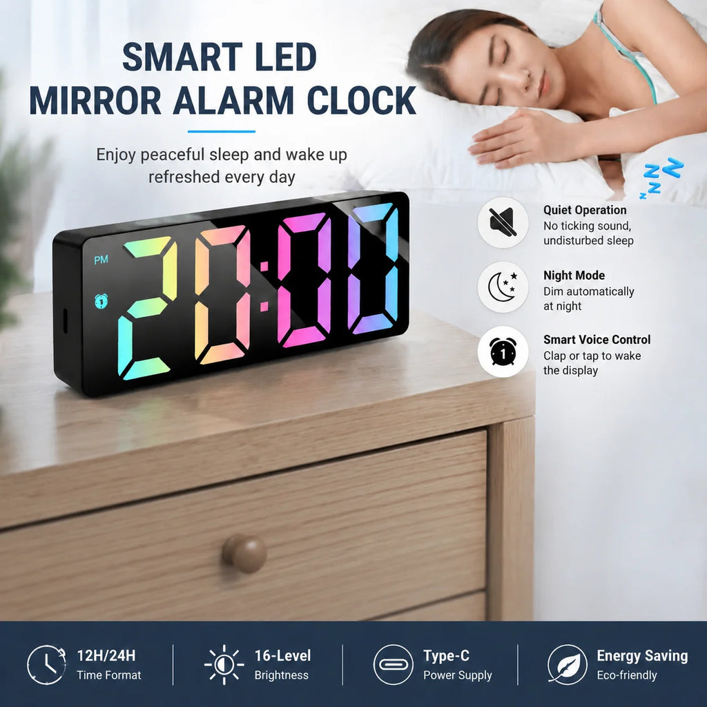 Modern LED Mirror Alarm Clock, Electronic Digital Clock, RGB Silent Non-ticking, Modern Bedroom Dorm Decor