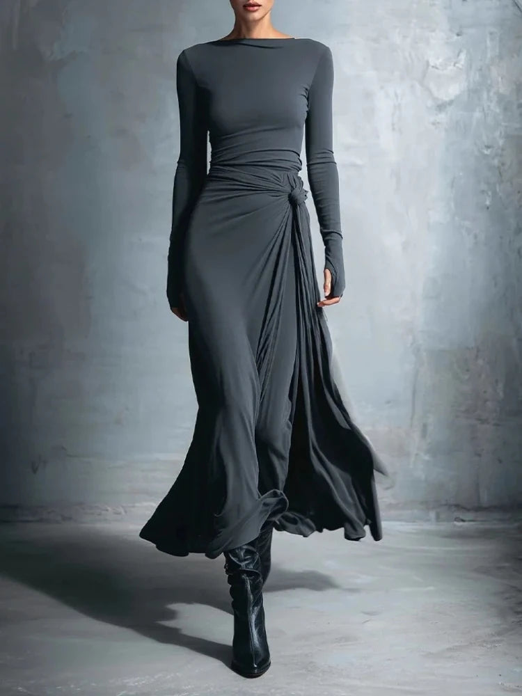 Elegant Long Sleeve Ruched Sexy Maxi Dress Women Gown Autumn Fashion Draped Bodycon Irregular Long Dresses Female Clothing