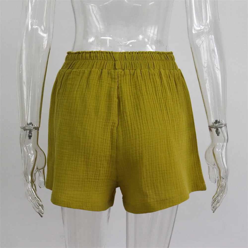 Summer Two Piece Set Women Shorts Suit Green Lapel Long Sleeve Shirts Sets Female Elegant Casual High Waist Pants Lady Outfits