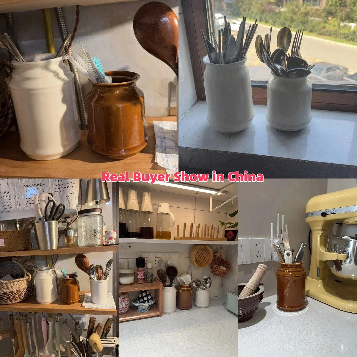 Kitchen Utensil Holder, Ceramic Cooking Utensil Holder for Counter Top, Storage Organizer for Spatula Spoon and Fork Storage Jar