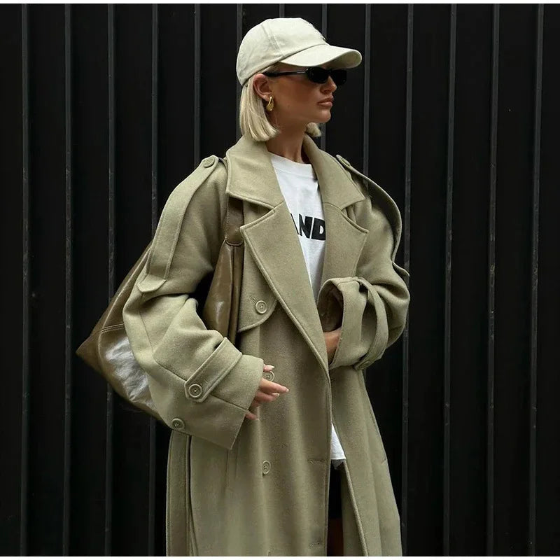 Whisper Lumi Vintage Double Breasted Lapel Women Long Coat Elegant Loose Jacket With Belt Autumn Casual Ladies Streetwear