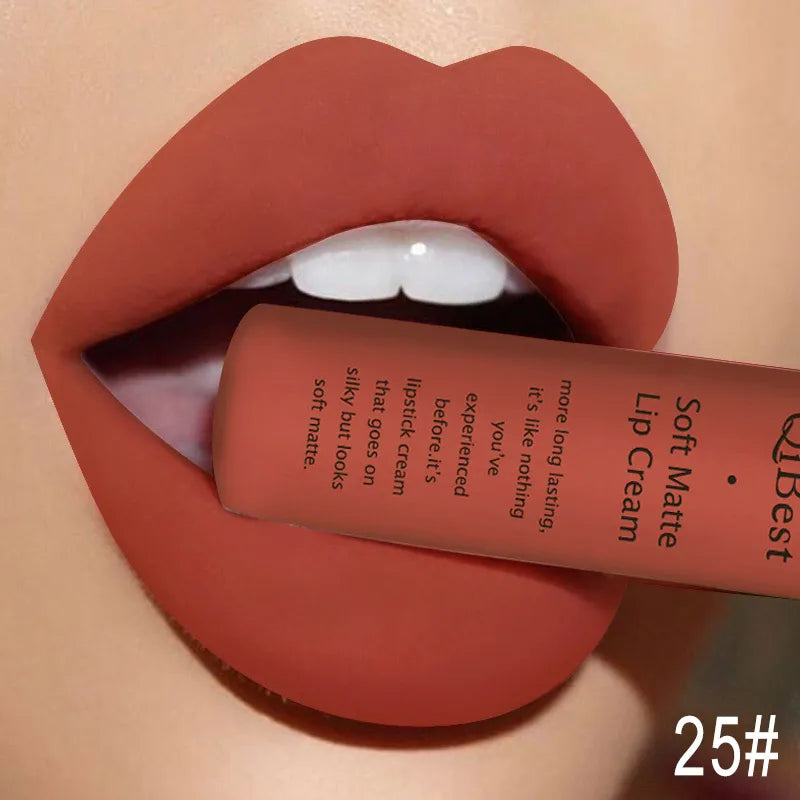 QIBEST Velvet Matte Nude Liquid Lipstick Makeup Sexy Red Lipgloss Waterproof Long-lasting Purple Black Orange Lip Stain Cosmetic