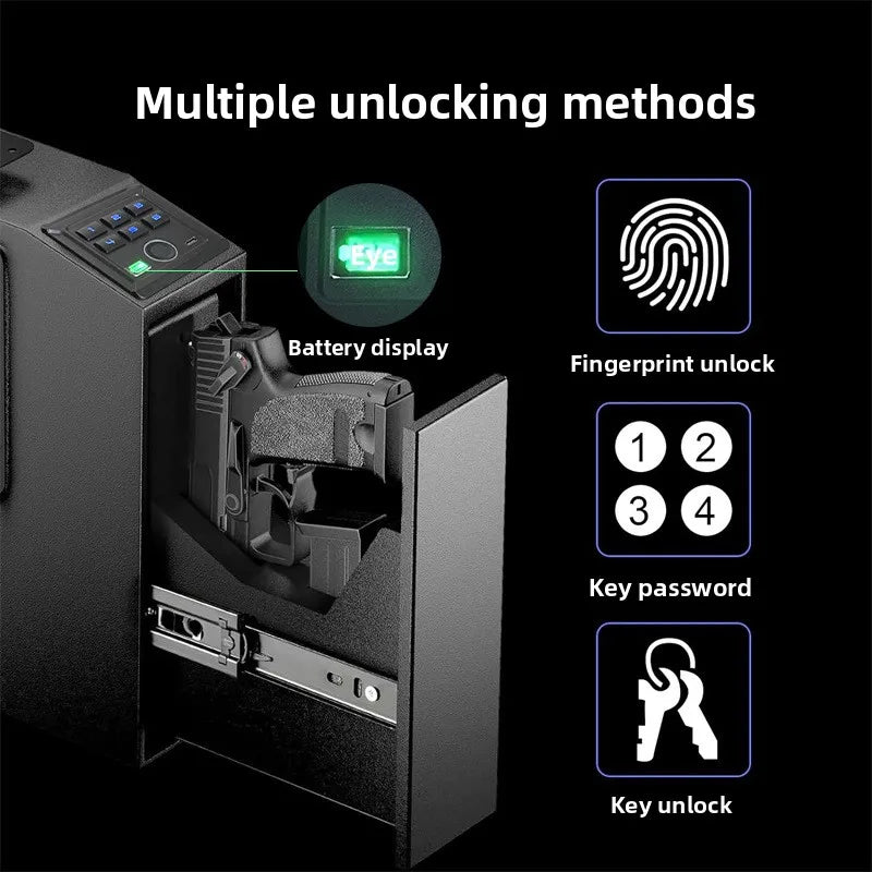 New Pistol Safe Box Blue Light Silent Fingerprint Password Key Push Pull Wall Mounted Gun Safe