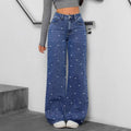 Denim Straight Pants Women Pearls Spliced Jeans High Waist Washed Basics Ankle Length Trousers Streetwear Pant Solid Autumn