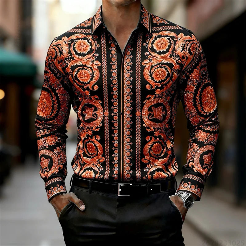 Men's Shirt Luxury Baroque Style Gold Pattern Long Sleeve Shirt Fashion Slim Palace HD Print Shirt AliExpress Hot Sale XS-6XL