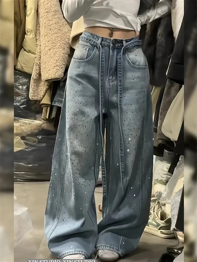 Korean Loose Women Denim Pants 2026 New Autumn Winter Retro Hot Diamond Long Cowboy Trousers Ladies Casual Streetwear Jeans