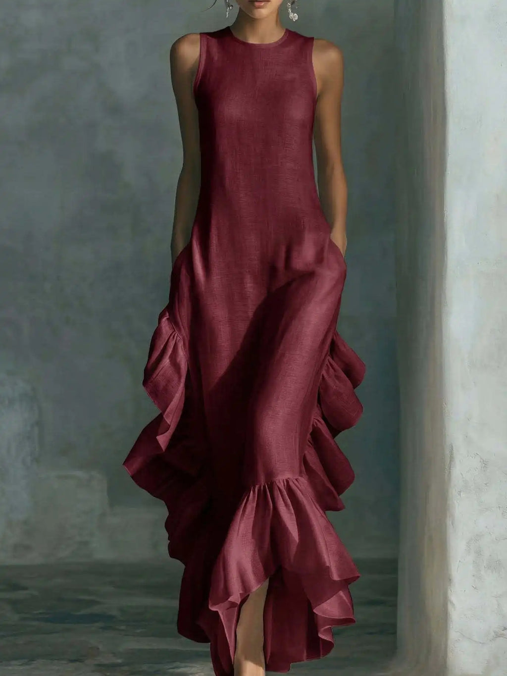 Elegant Solid Ruffle Long Dress Women 2026 Fashion O Neck Sleeveless Maxi Dress Summer Ruffle Hem Tank Boho Vacation Beach Dress