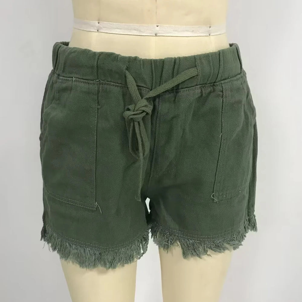 Women’s Denim Shorts Drawstring Elastic Waist Frayed Hem Short Pants Summer Casual Vintage Hottie Girls Loose Jeans with Pockets