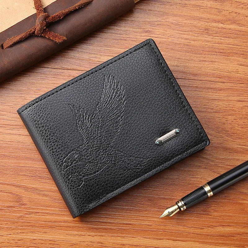 Classic Men's Leather Wallets Slim Minimalist Hawk Pattern Bifold Credit ID Card Holder Wallet Purse Short Thin Money Clip