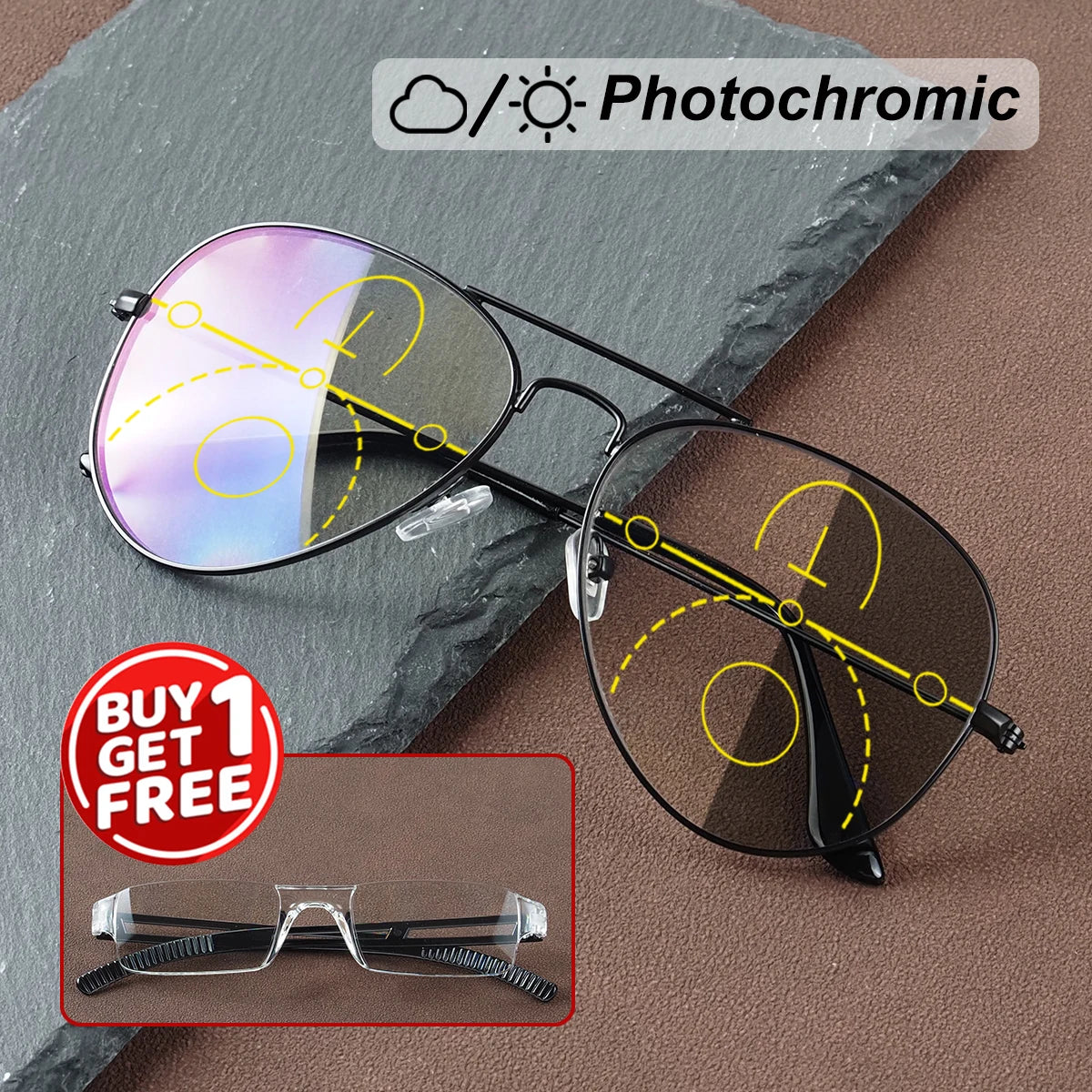 Photochromic, Progressive Multifocal Reading Glasses, Comes with 1 Free Integrated Presbyopic Glasses, Unisex Style.