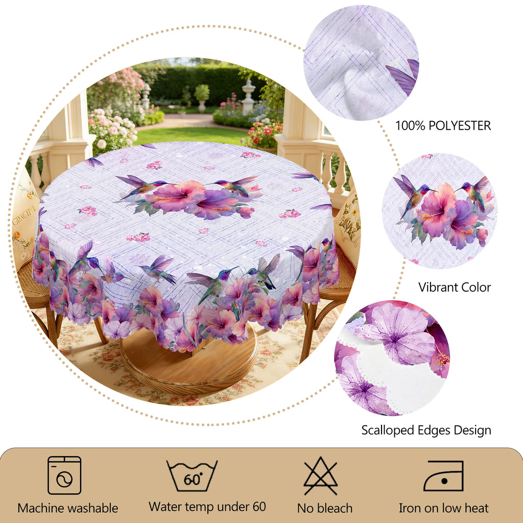 1 Piece of Spring and Summer Floral and Bird-Themed Printed Round and Rectangular Tablecloth, Available in Various Sizes, Featuring Vibrant Hummingbirds and Blooming Hibiscus Intertwined with Fresh Small Flowers and Light Pur