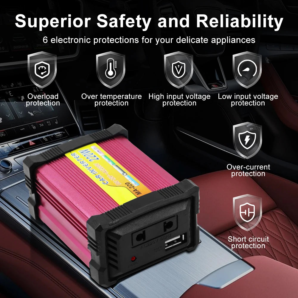 Car Power Inverter 220W Portable Multifunctional SUV RV Supply Inverter Auto Camping Battery Converter USB Voltage Transformer