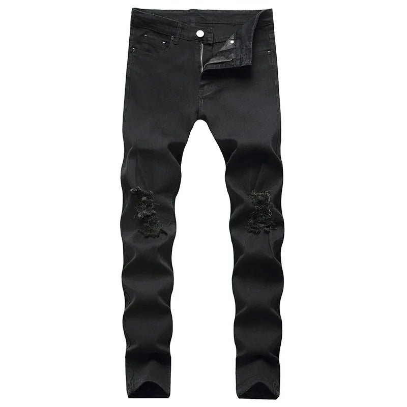 Skinny Stretch Ripped Jeans Men's Distressed Kpop Slim Fit Denim Pants American Street Style Rock Hip Hop White Black Trousers
