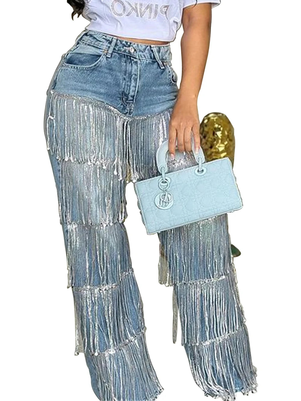 Trendy Tassel Design Womens Jeans Streetwear High Waisted Denim Pants Sparkly Sequin Party Vintage Straight Leg Jean Trousers