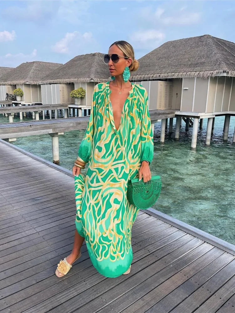 Autumn Women's Print Casual Dress New Fashion V-neck Long Sleeve Loose Holiday Party Long Dresses For Women Robe Femme 2024