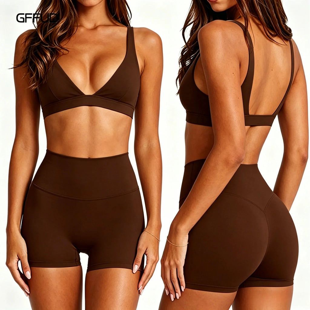 Women's Yoga Set V Neck Push Up Sports Bra High Support Shockproof + High Waist Quick Dry Tummy Control Gym Shorts 2 Piece Set